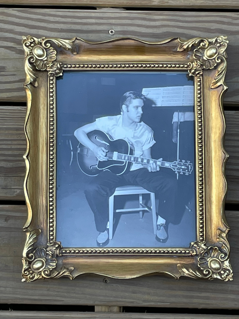 An ornate gold picture frame holding a blue-toned black-and-white photograph of Elvis playing an acoustic guitar, displayed against a vertical wood plank background.